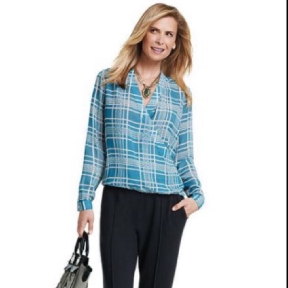 Cabi #3068 Windowpane Wrap Blouse Size Medium